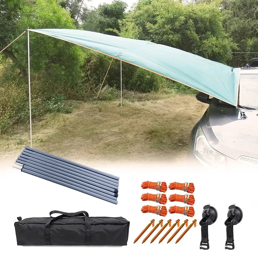 3x4m Car Side Awning: Waterproof Canopy Shade and Sun Shelter with Pole, Rope, Peg, and Suction Cup Anchor - Trekker Essentials