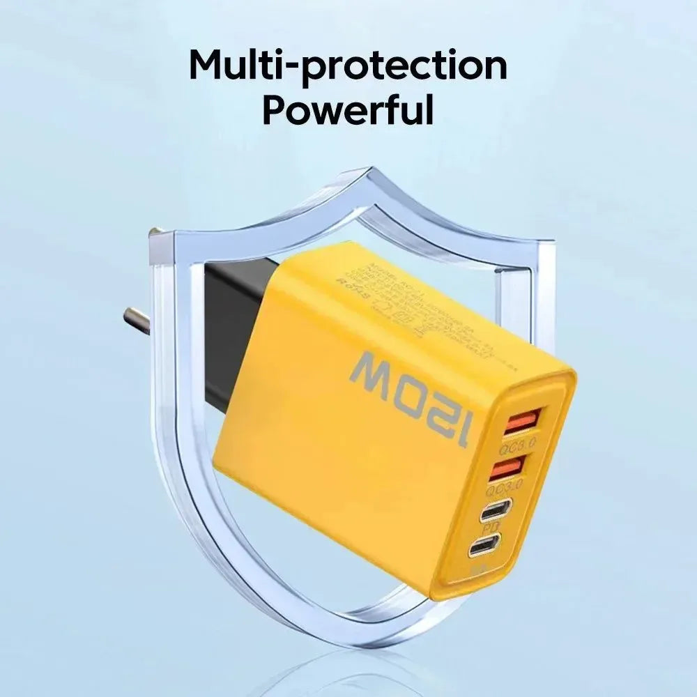 4-Port USB C Fast Charger with PD & QC 3.0 – 120W High-Speed Charging Hub for iPhone, Samsung, Xiaomi, Huawei, and More - Trekker Essentials