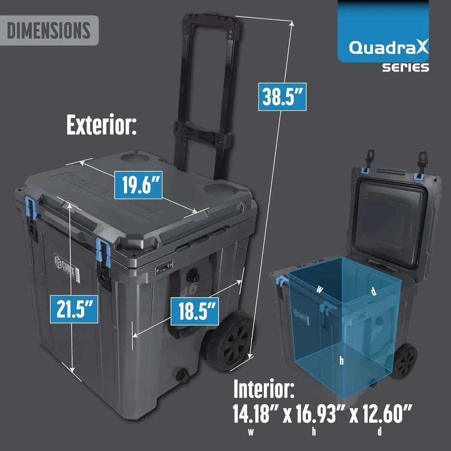 46 Quart QuadraX Wheeled Rotomolded Hard Cooler - Heavy Duty Insulated Ice Chest - Trekker Essentials