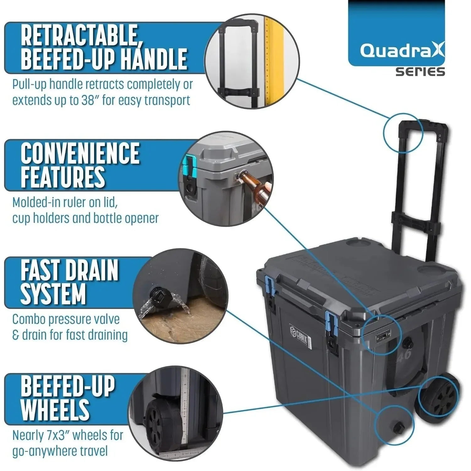 46 Quart QuadraX Wheeled Rotomolded Hard Cooler - Heavy Duty Insulated Ice Chest - Trekker Essentials
