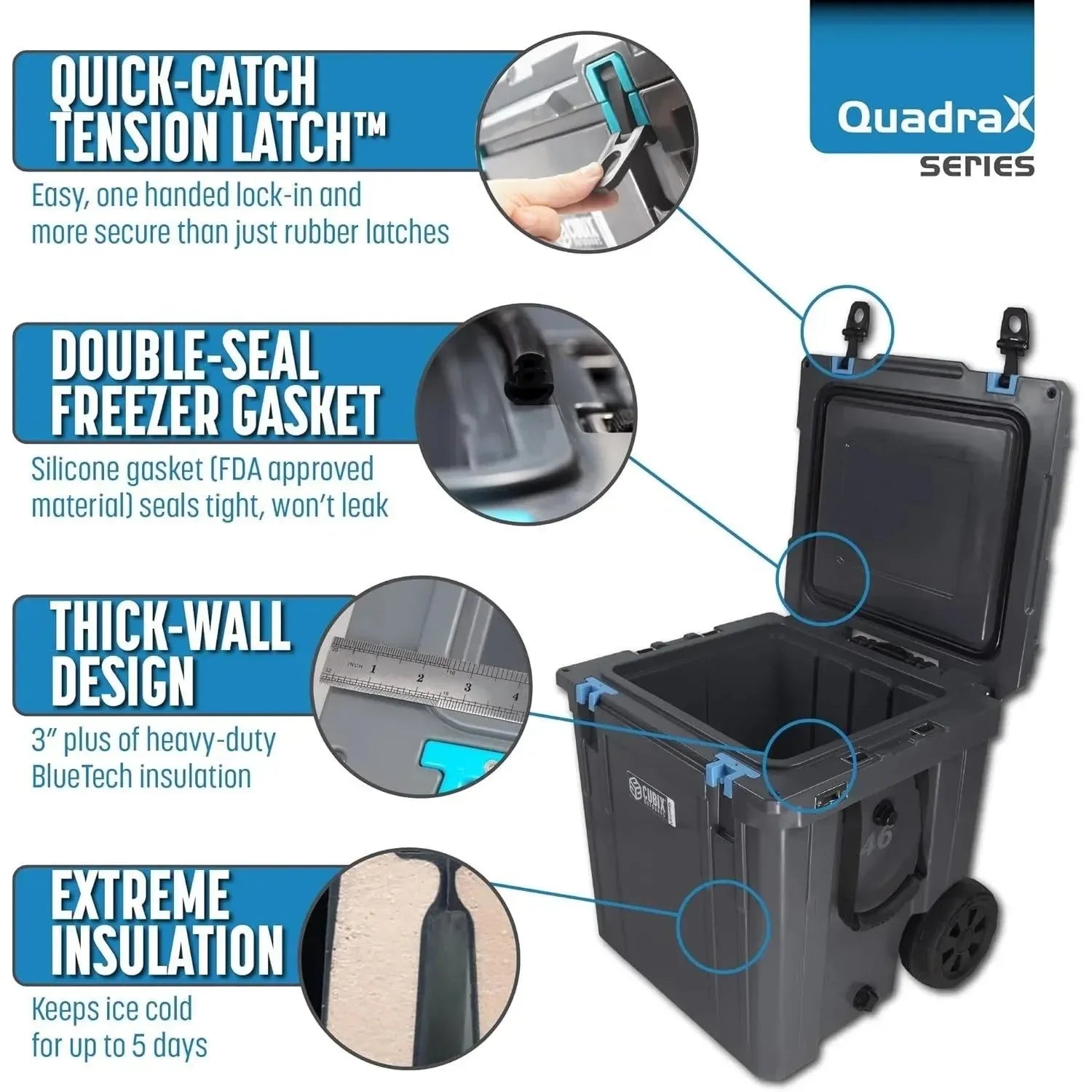 46 Quart QuadraX Wheeled Rotomolded Hard Cooler - Heavy Duty Insulated Ice Chest - Trekker Essentials