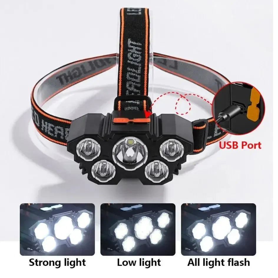 5 LED Headlamp Rechargeable with Built in 18650 Battery Strong Light Headlight Camping Adventure Fishing Head Light Flashlight - Trekker Essentials