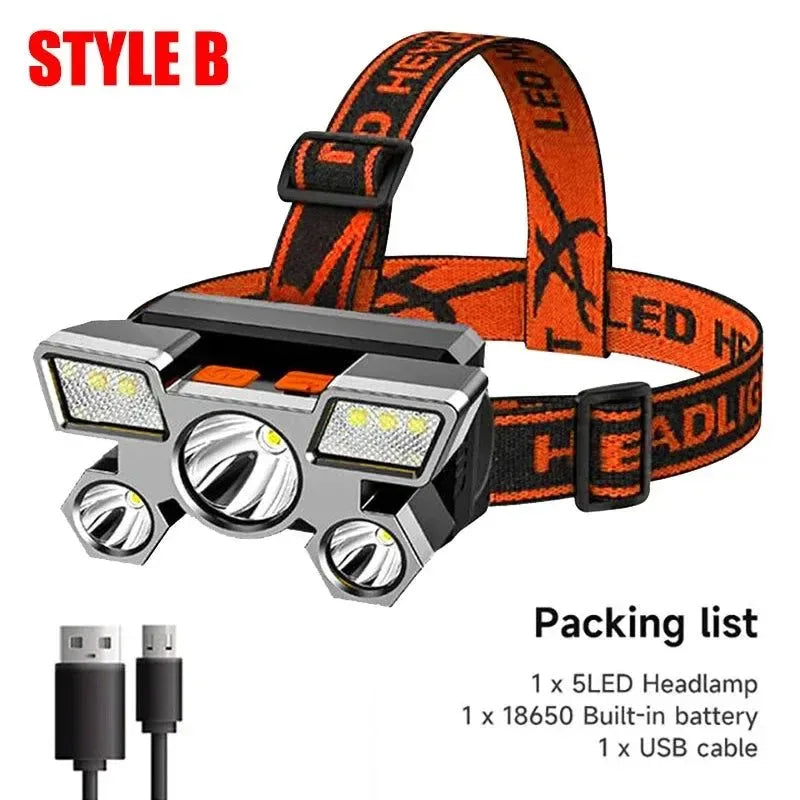 5 LED Headlamp Rechargeable with Built in 18650 Battery Strong Light Headlight Camping Adventure Fishing Head Light Flashlight - Trekker Essentials