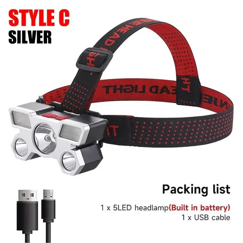 5 LED Headlamp Rechargeable with Built in 18650 Battery Strong Light Headlight Camping Adventure Fishing Head Light Flashlight - Trekker Essentials