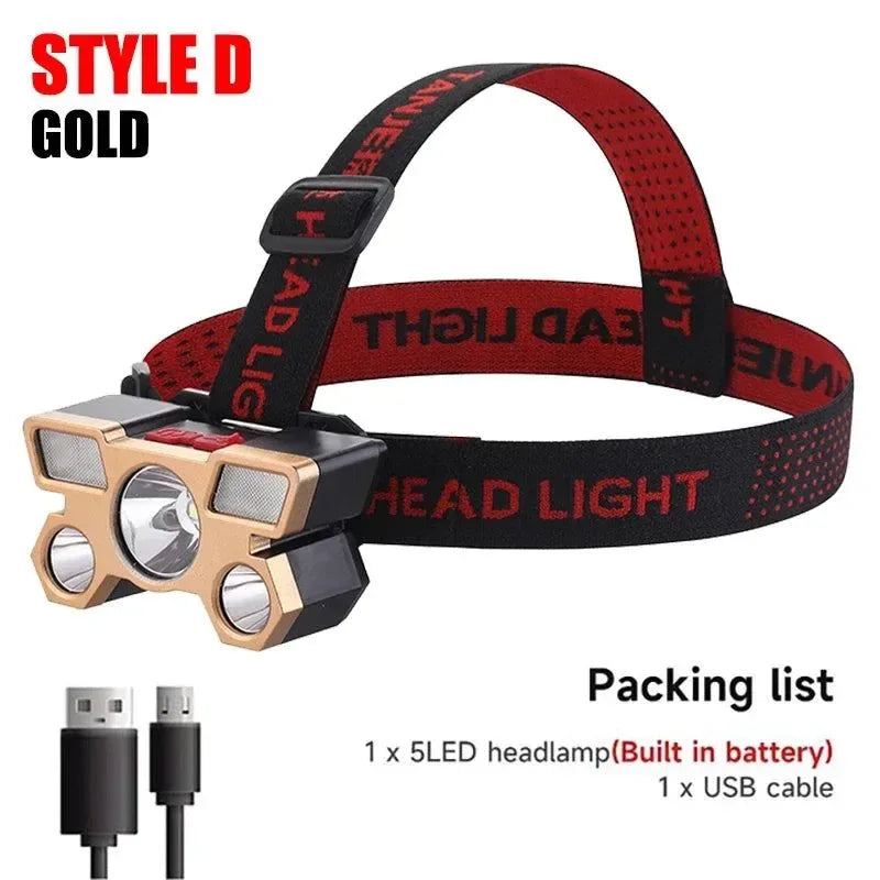 5 LED Headlamp Rechargeable with Built in 18650 Battery Strong Light Headlight Camping Adventure Fishing Head Light Flashlight - Trekker Essentials