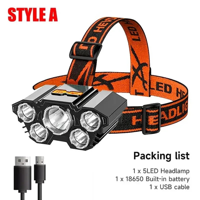 5 LED Headlamp Rechargeable with Built in 18650 Battery Strong Light Headlight Camping Adventure Fishing Head Light Flashlight - Trekker Essentials