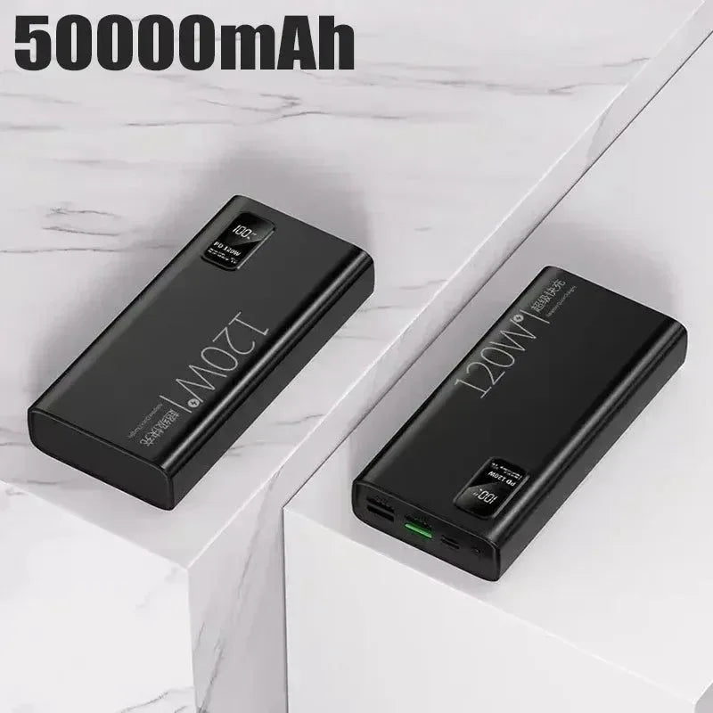 50000mAh Power Bank: Portable Battery Charger with Wireless Charging, Built-in Cables, and Solar Panel for iPhone, Xiaomi, Huawei, Samsung - Trekker Essentials