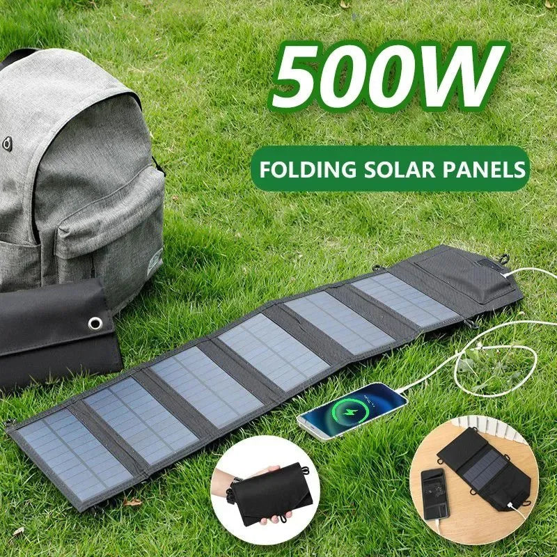 500W Portable Foldable Solar Panel Charger - USB 5V and DC Output for Phone Charging, Power Bank, Hiking, and Camping - Trekker Essentials