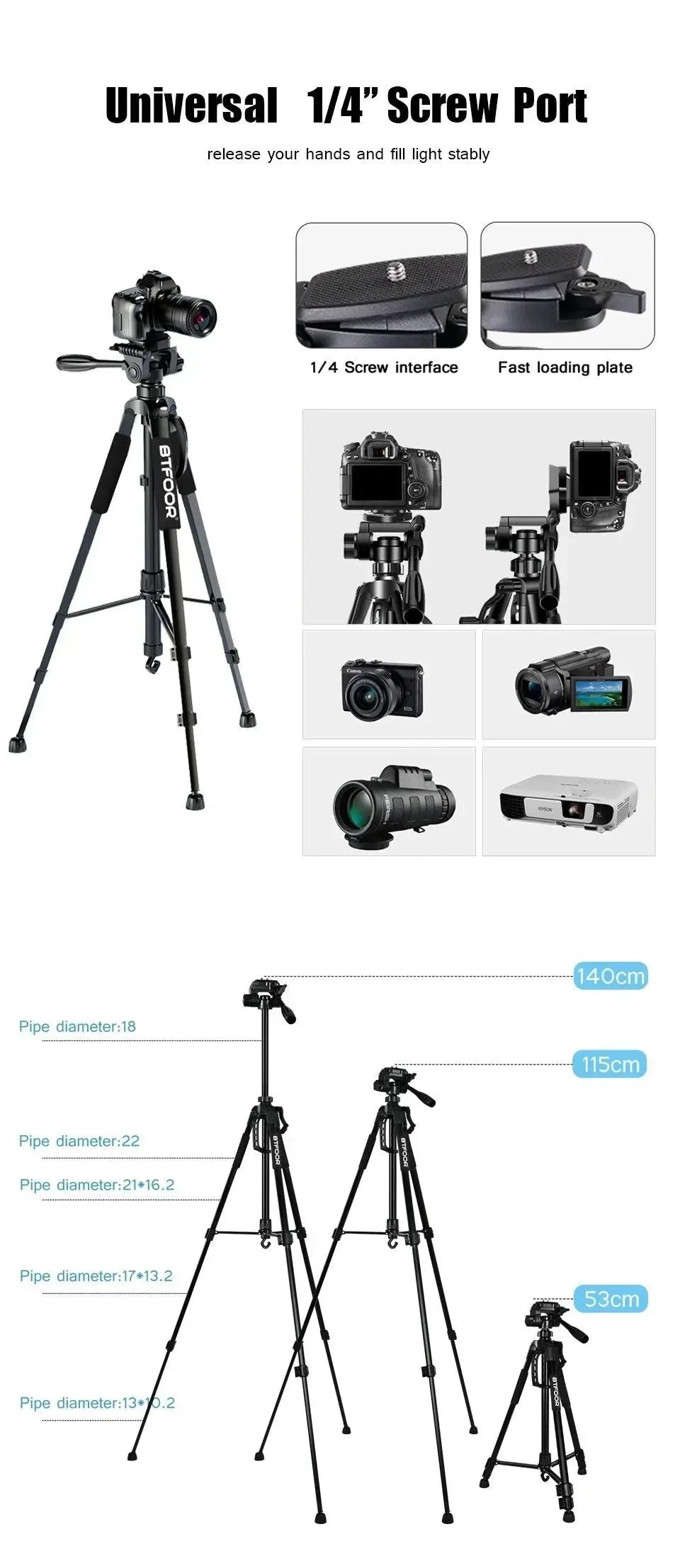 55" Aluminum Camera Tripod with Phone Mount - 140CM Tall Stand w/Pan Head for DSLR & Smartphone - Trekker Essentials