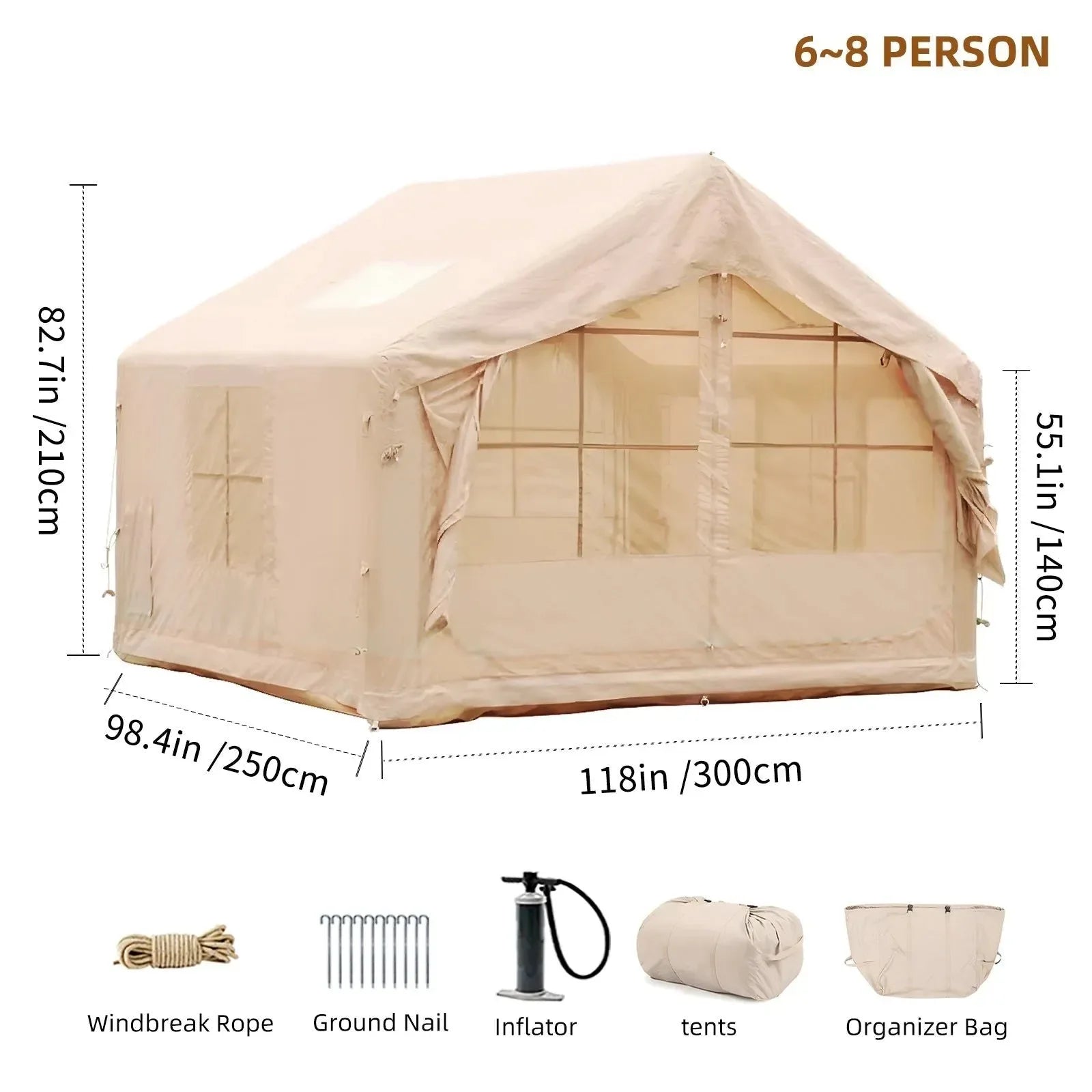 6-8 Person Inflatable Camping Tent – 80.73 Sq Ft 4-Season Blow Up Tent with Quick Setup & Stove Compatibility - Trekker Essentials