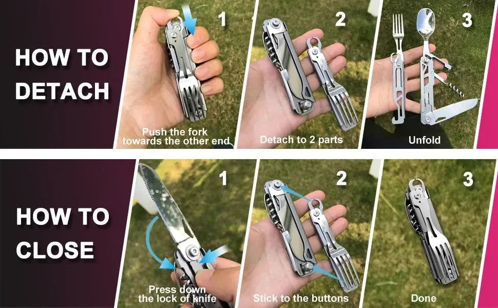 6-in-1 Detachable Camping Utensil Set - Compact Travel Cutlery with Spoon, Fork, Knife & Bottle Opener - Trekker Essentials