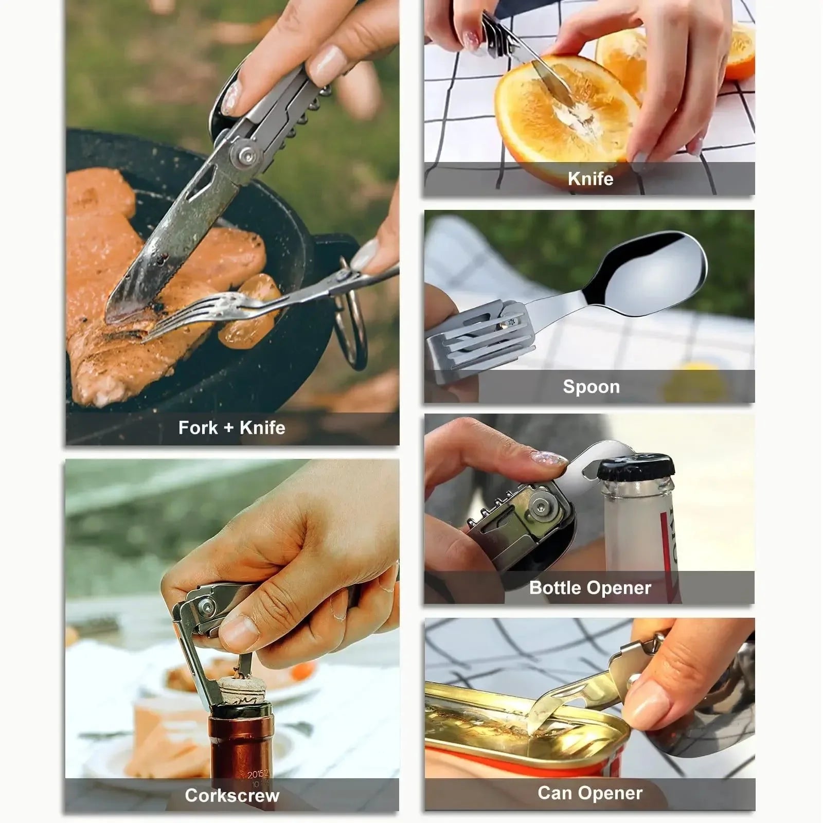 6-in-1 Detachable Camping Utensil Set - Compact Travel Cutlery with Spoon, Fork, Knife & Bottle Opener - Trekker Essentials