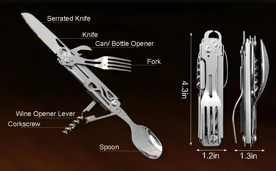 6-in-1 Detachable Camping Utensil Set - Compact Travel Cutlery with Spoon, Fork, Knife & Bottle Opener - Trekker Essentials