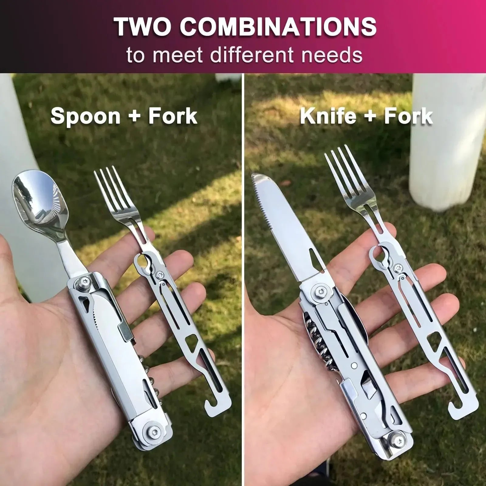 6-in-1 Detachable Camping Utensil Set - Compact Travel Cutlery with Spoon, Fork, Knife & Bottle Opener - Trekker Essentials