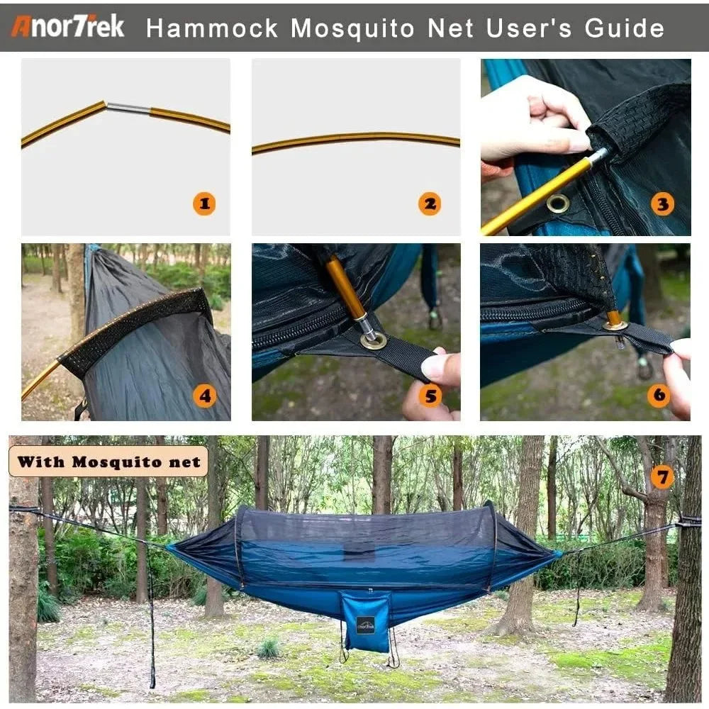 600lb Capacity Camping Hammock with Mosquito Net - Lightweight Portable Double Hammock with Aluminum Poles & Tree Straps - Trekker Essentials