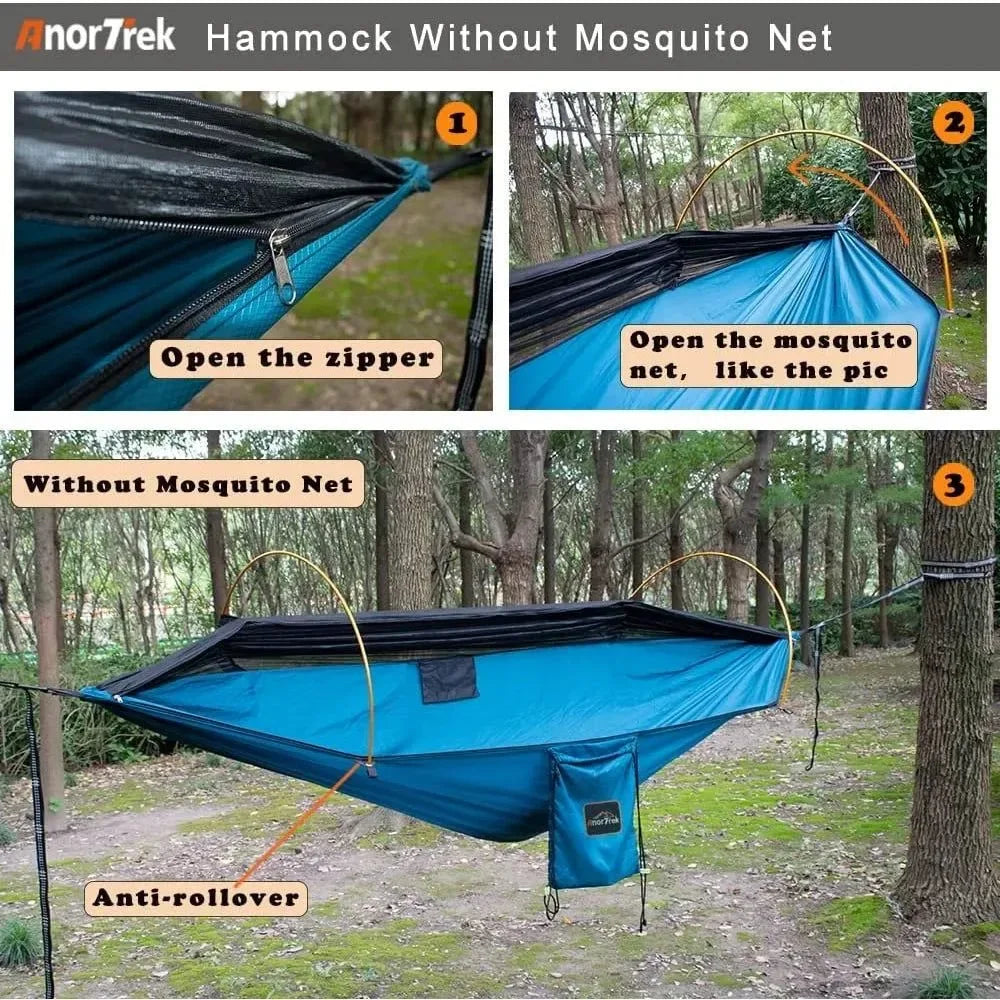 600lb Capacity Camping Hammock with Mosquito Net - Lightweight Portable Double Hammock with Aluminum Poles & Tree Straps - Trekker Essentials