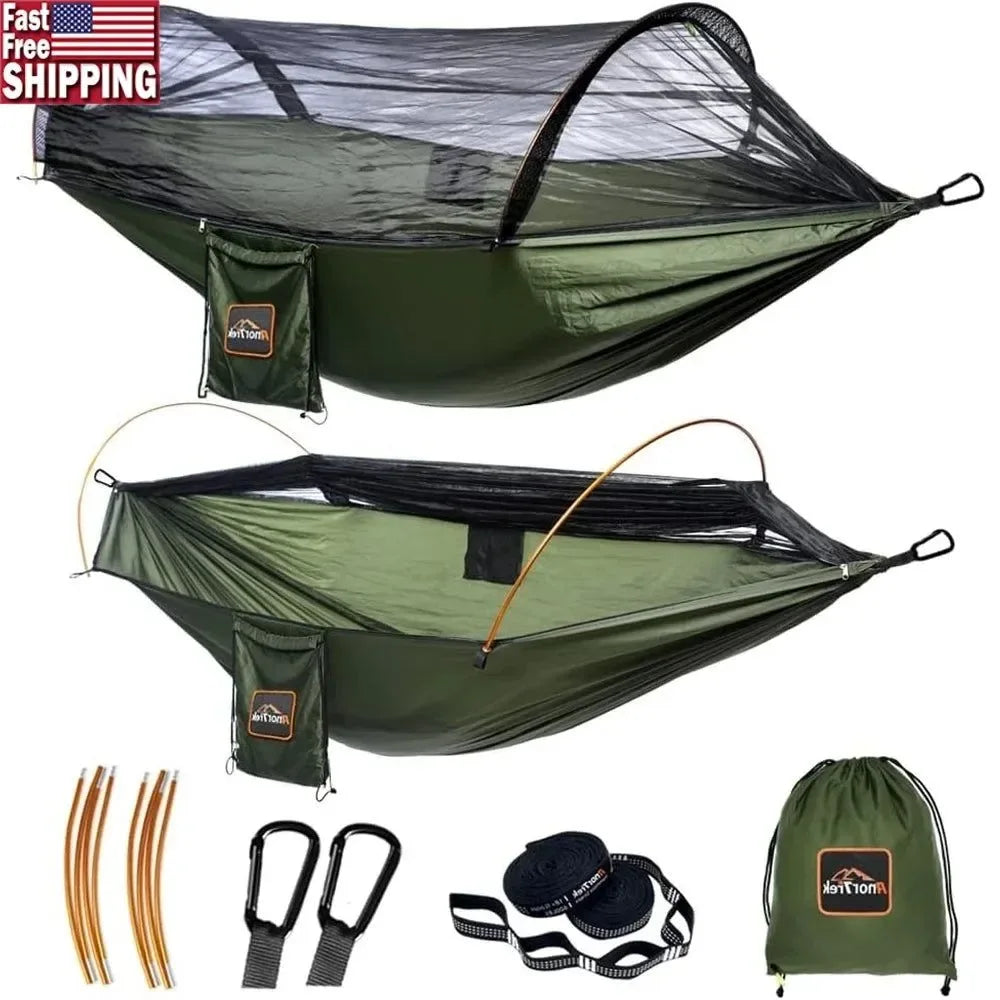 600lb Capacity Camping Hammock with Mosquito Net - Lightweight Portable Double Hammock with Aluminum Poles & Tree Straps - Trekker Essentials