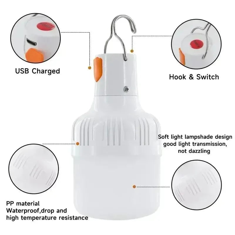 60W USB Rechargeable LED Emergency Light Bulb: Portable Lantern for Outdoor Camping and Hiking - Trekker Essentials