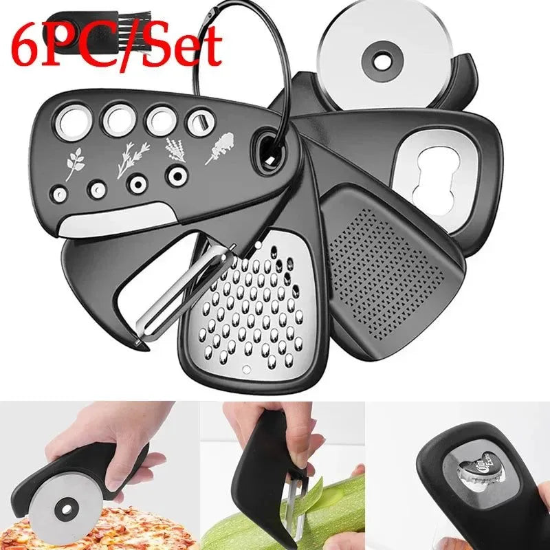 6pcs Kitchen Gadgets Set - Cheese Bottle Opener, Vegetable Peeler, Pizza Cutter, Garlic Grinder, Herb Stripper - Camp Kitchen Tools - Trekker Essentials