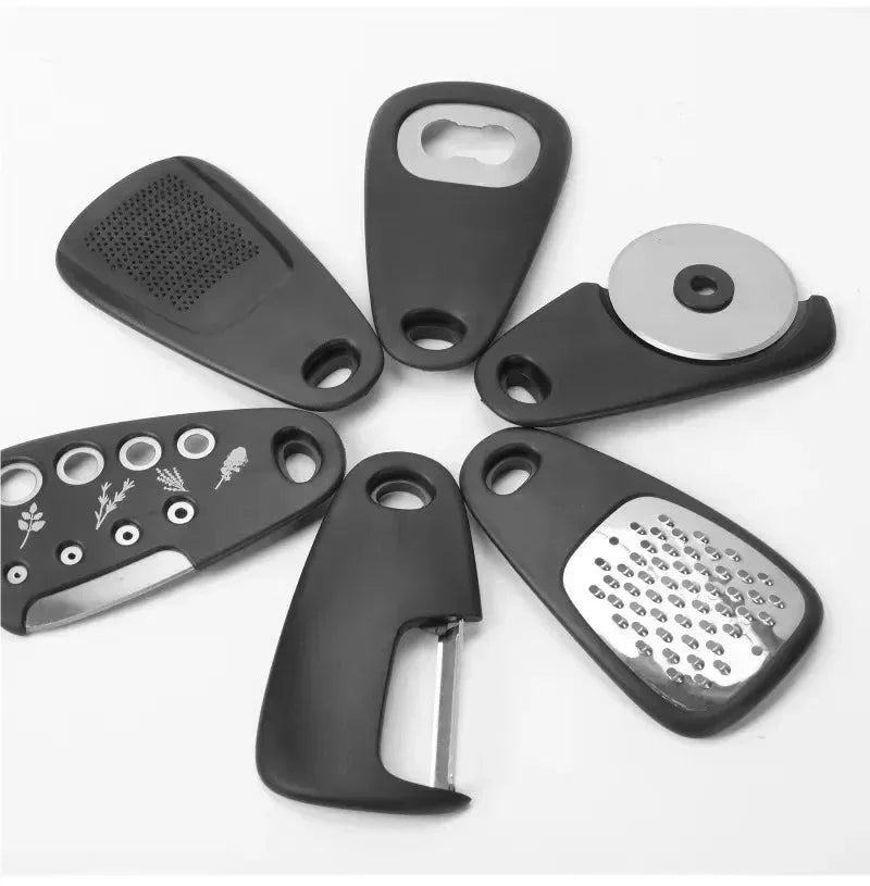 6pcs Kitchen Gadgets Set - Cheese Bottle Opener, Vegetable Peeler, Pizza Cutter, Garlic Grinder, Herb Stripper - Camp Kitchen Tools - Trekker Essentials