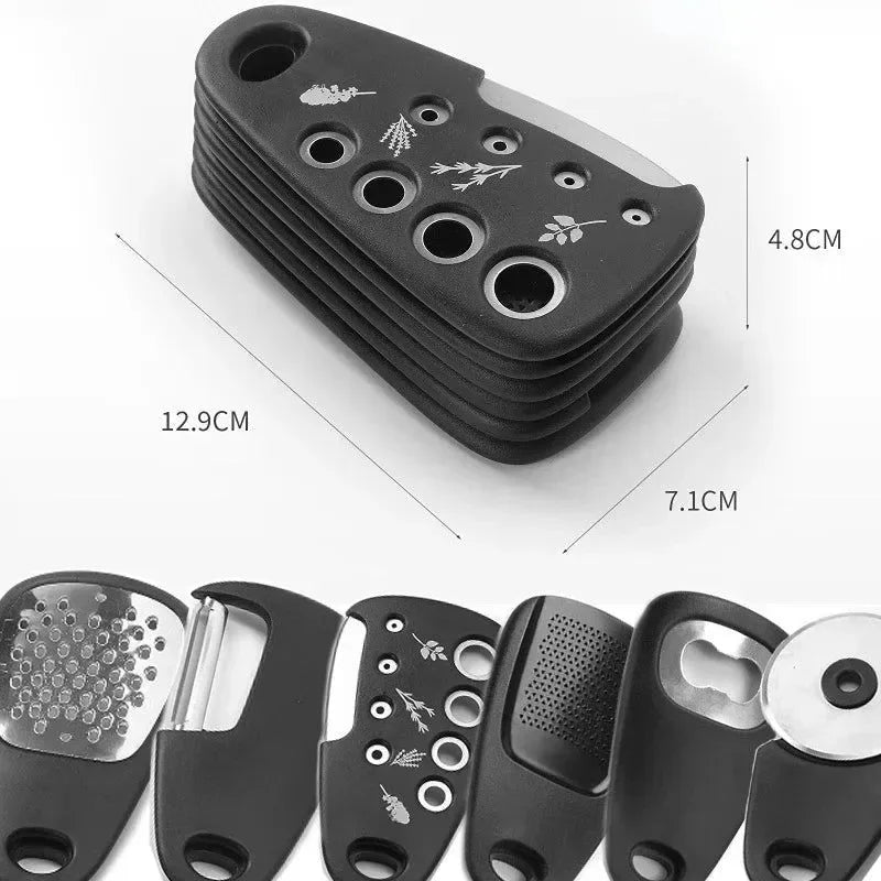 6pcs Kitchen Gadgets Set - Cheese Bottle Opener, Vegetable Peeler, Pizza Cutter, Garlic Grinder, Herb Stripper - Camp Kitchen Tools - Trekker Essentials