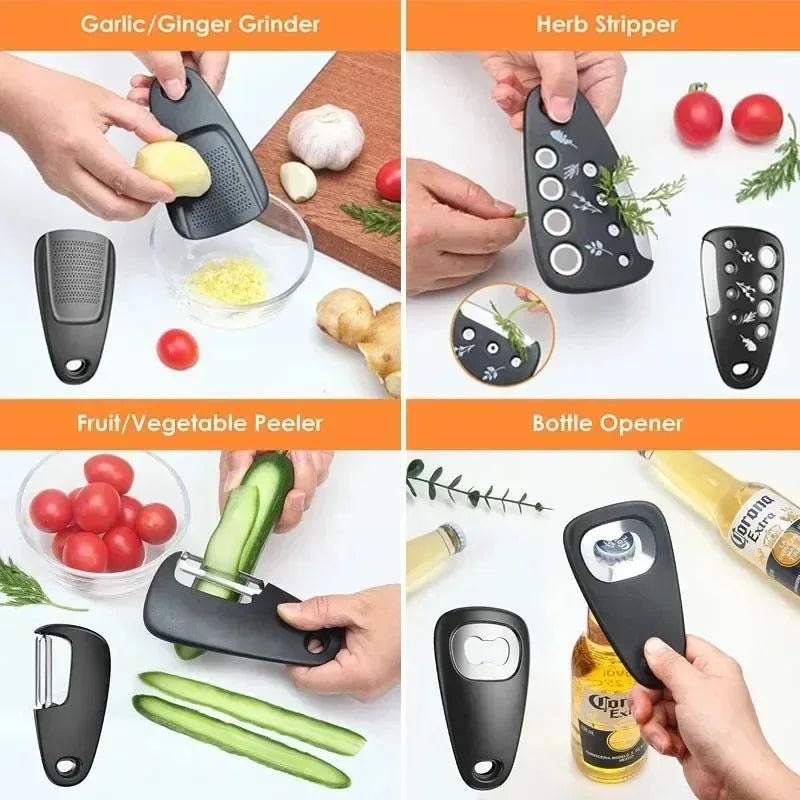 6pcs Kitchen Gadgets Set - Cheese Bottle Opener, Vegetable Peeler, Pizza Cutter, Garlic Grinder, Herb Stripper - Camp Kitchen Tools - Trekker Essentials