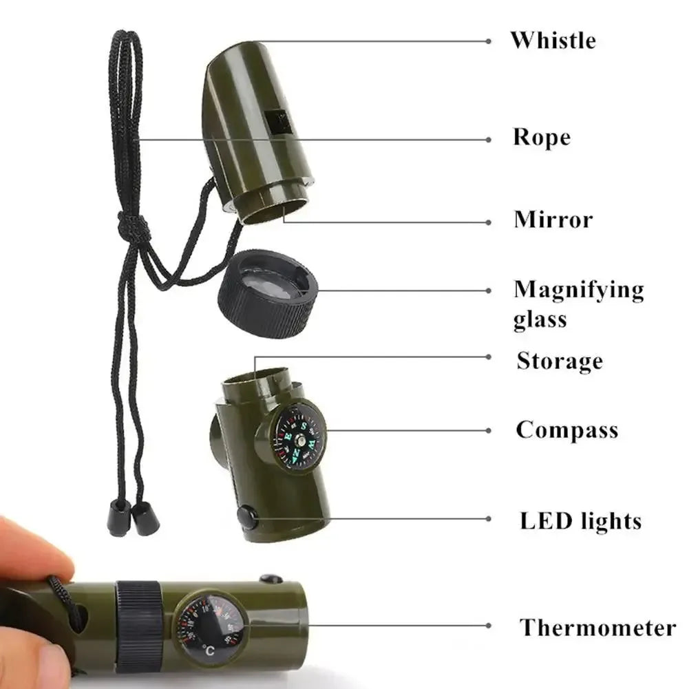 7-in-1 Compass Survival Whistle - Multifunction Outdoor Camping Tool with Lanyard and LED Light for Professional Emergency Safety - Trekker Essentials