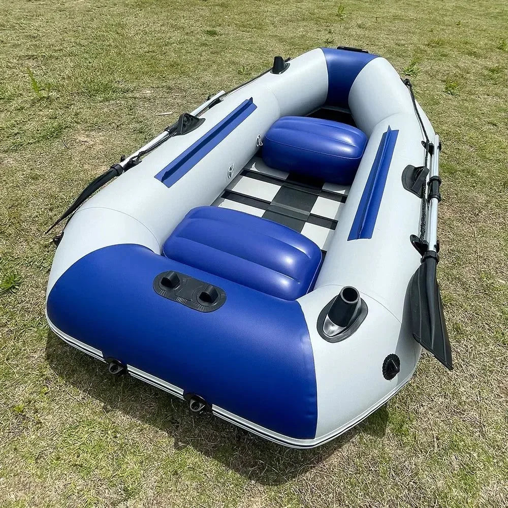 7.9ft Inflatable Fishing Boat: 240kg Capacity, 3-Person PVC Dinghy with Slat Floor & Oars - Trekker Essentials