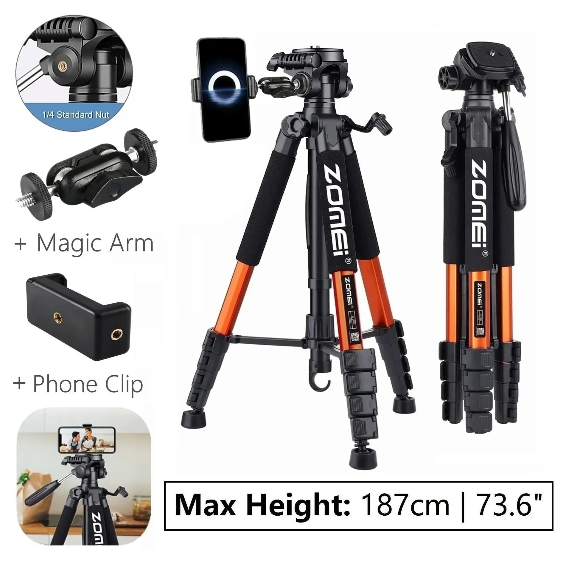 73.6" Professional Camera Tripod - 5kg Load Aluminum Alloy DSLR/Phone Stand - Trekker Essentials