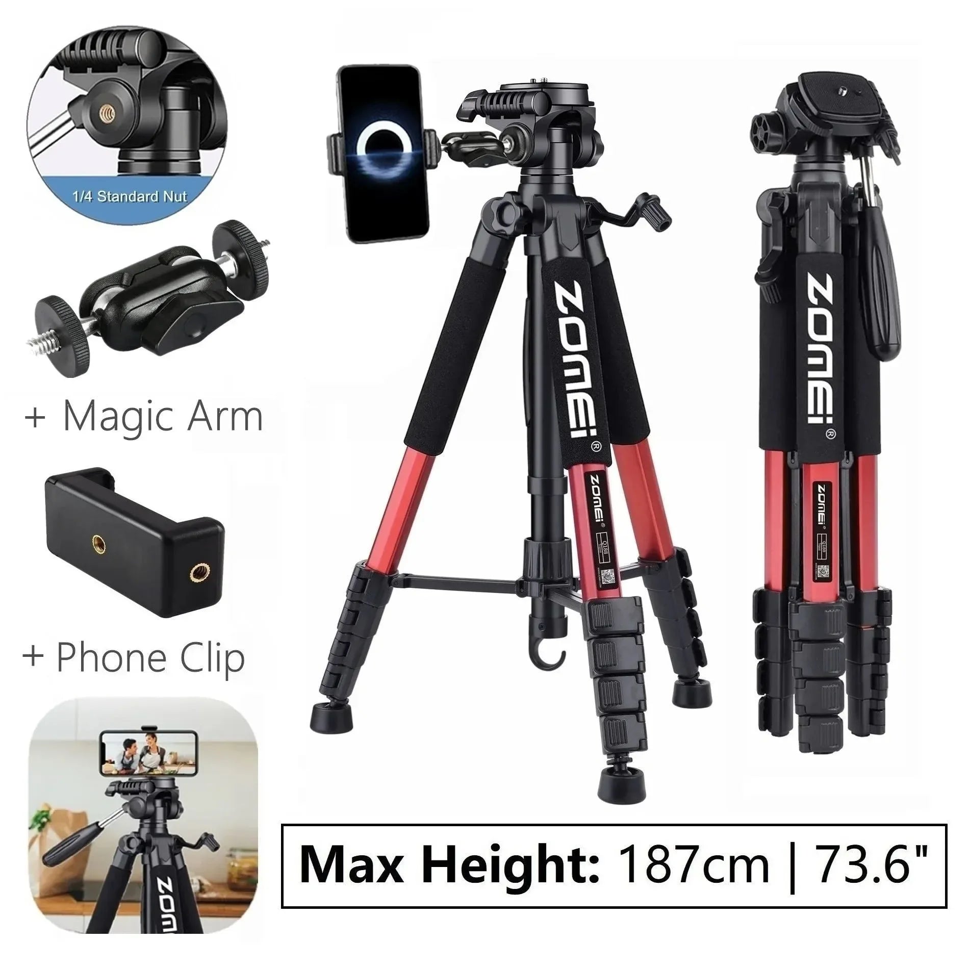 73.6" Professional Camera Tripod - 5kg Load Aluminum Alloy DSLR/Phone Stand - Trekker Essentials