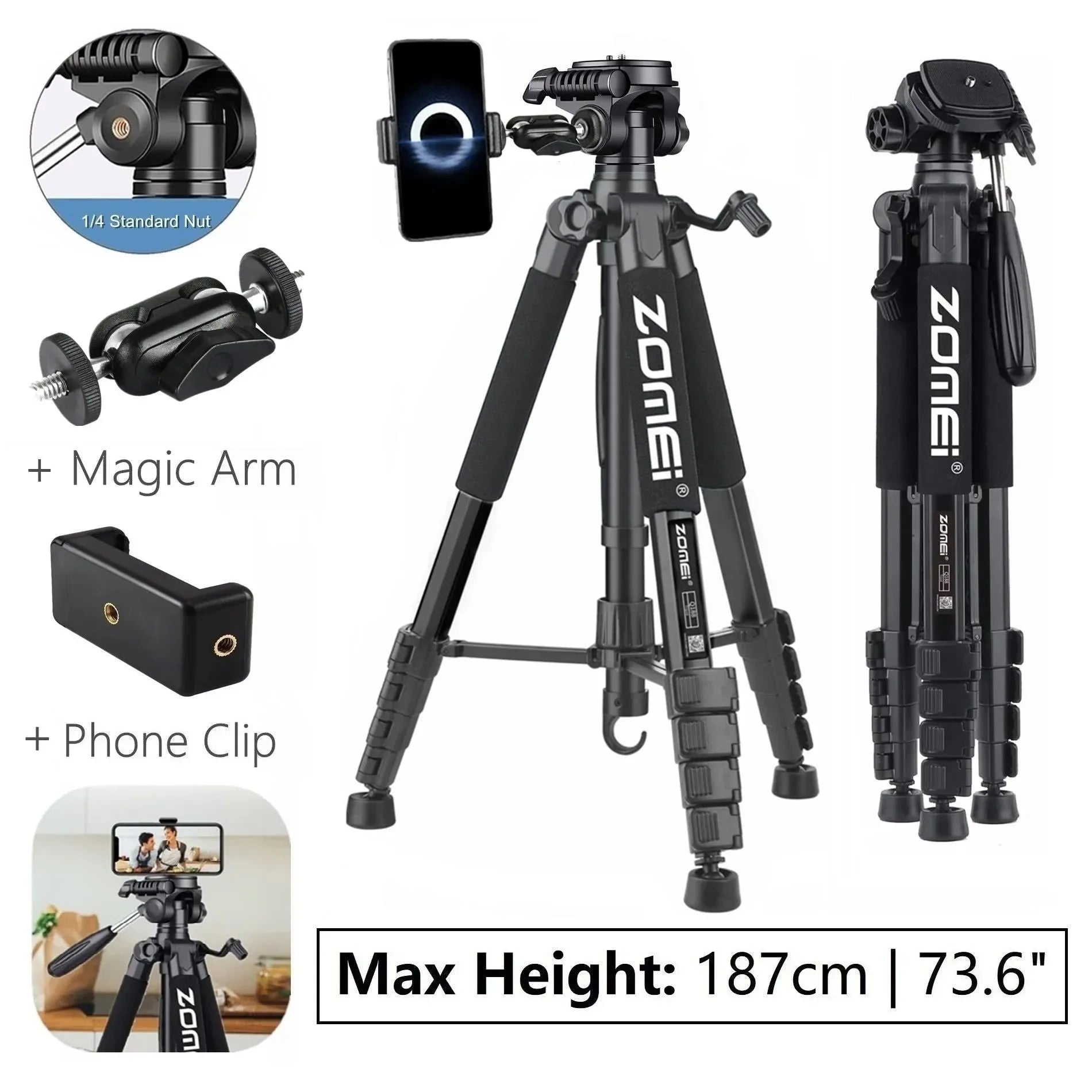 73.6" Professional Camera Tripod - 5kg Load Aluminum Alloy DSLR/Phone Stand - Trekker Essentials