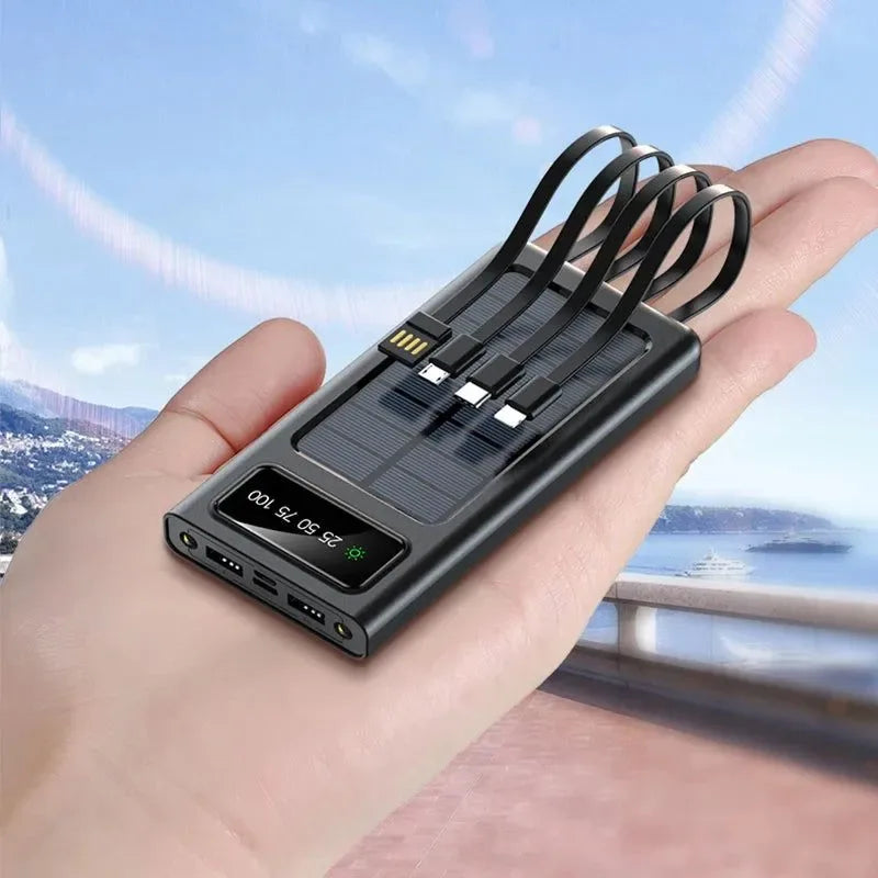 80000mAh Top Solar Charger Power Bank - Portable Solar Power Source with Built-in Cables, 2 USB Ports, and LED Light - Trekker Essentials