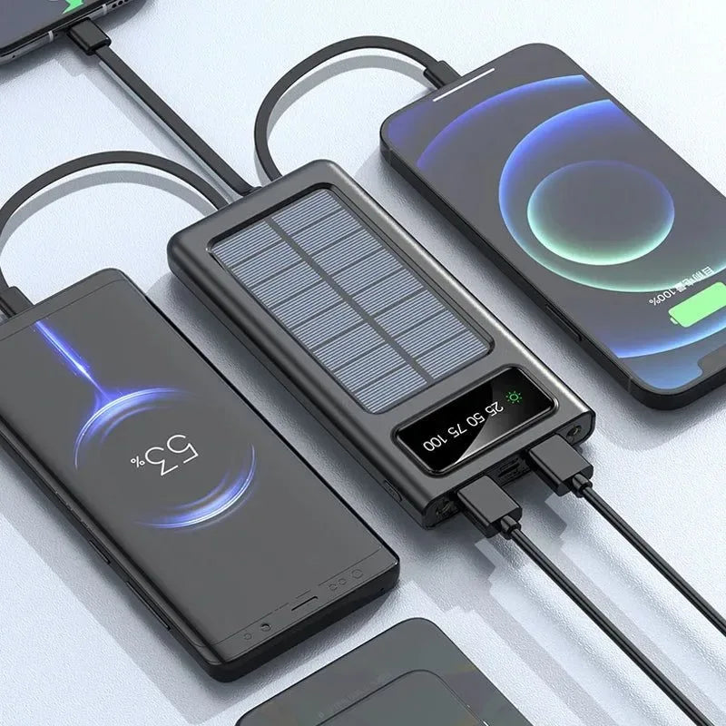 80000mAh Top Solar Charger Power Bank - Portable Solar Power Source with Built-in Cables, 2 USB Ports, and LED Light - Trekker Essentials