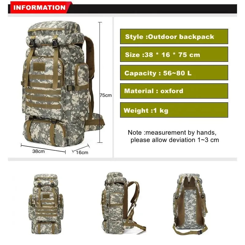 80L 900D Oxford Backpack - Large Waterproof Military Tactical Bag for Outdoor Sports - Trekker Essentials