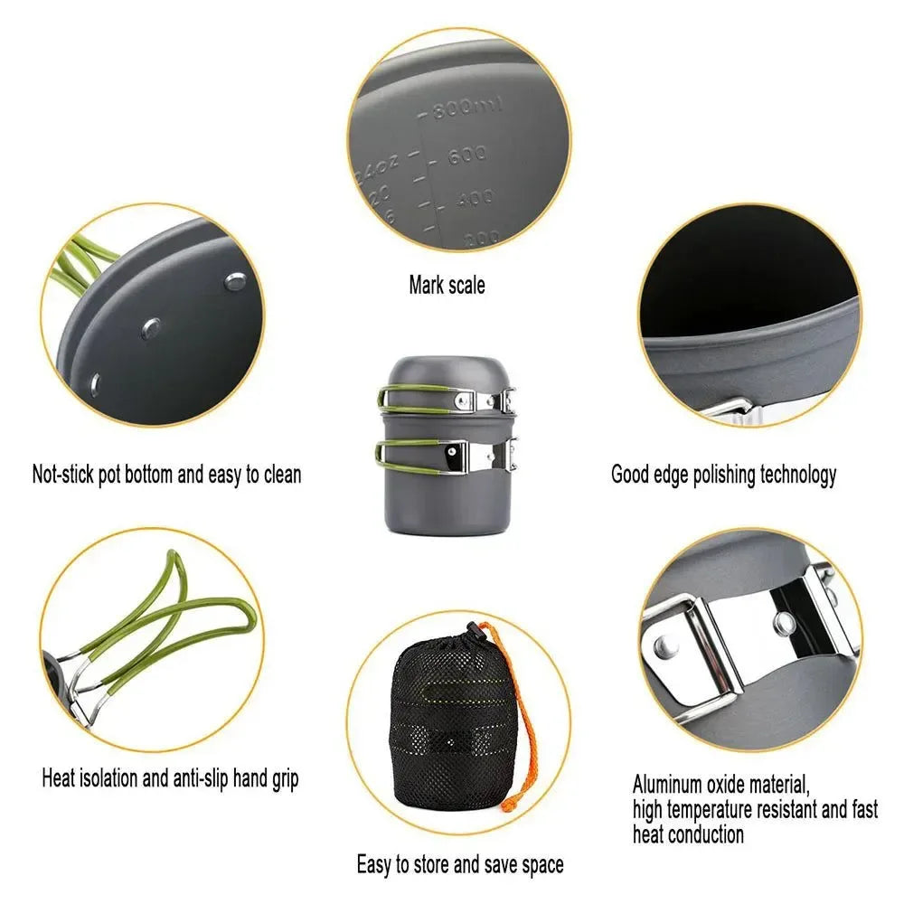 9-Piece Portable Camping Cookware Set - Lightweight Aluminum Pots, Mini Stove & Utensils for Outdoor Cooking, Hiking & Picnics - Trekker Essentials