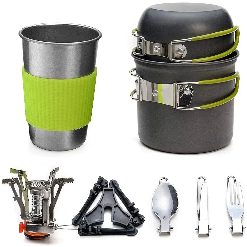 9-Piece Portable Camping Cookware Set - Lightweight Aluminum Pots, Mini Stove & Utensils for Outdoor Cooking, Hiking & Picnics - Trekker Essentials