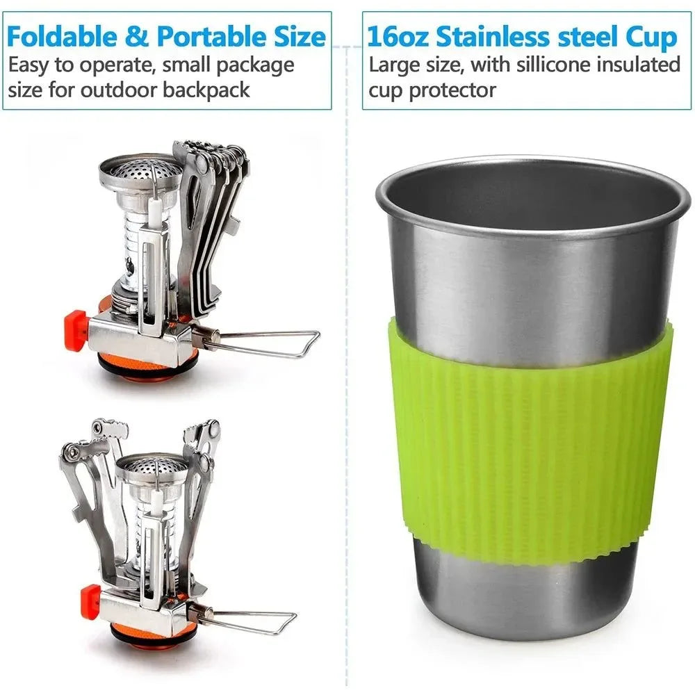 9-Piece Portable Camping Cookware Set - Lightweight Aluminum Pots, Mini Stove & Utensils for Outdoor Cooking, Hiking & Picnics - Trekker Essentials