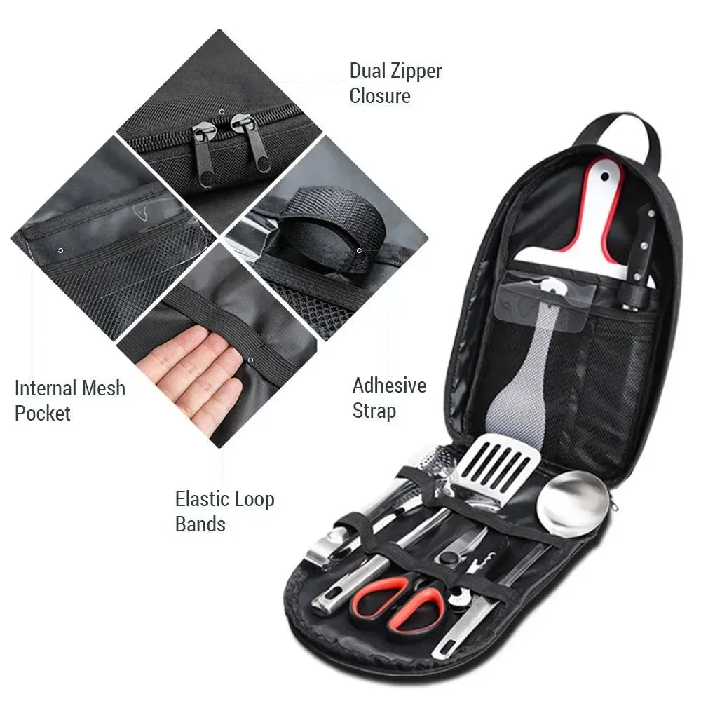 9-Piece Stainless Steel Camping Utensil Set for Outdoor Cooking & Picnics - Trekker Essentials