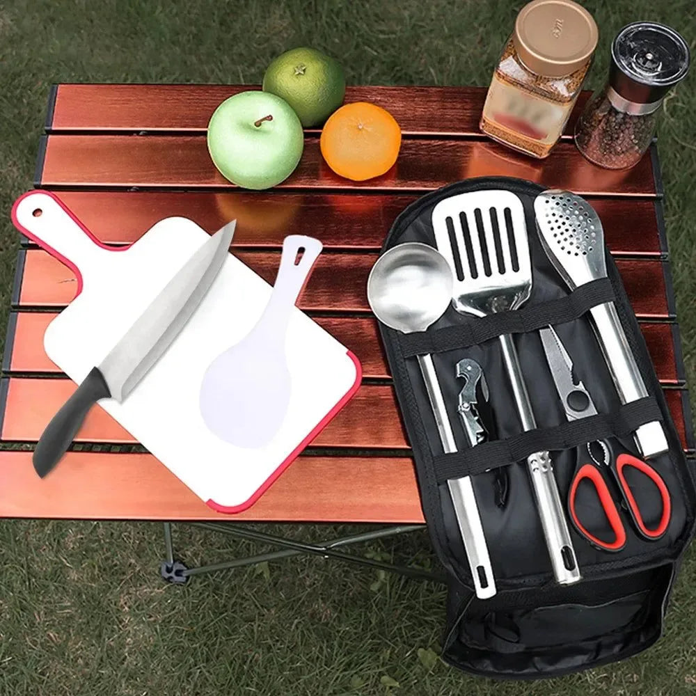 9-Piece Stainless Steel Camping Utensil Set for Outdoor Cooking & Picnics - Trekker Essentials