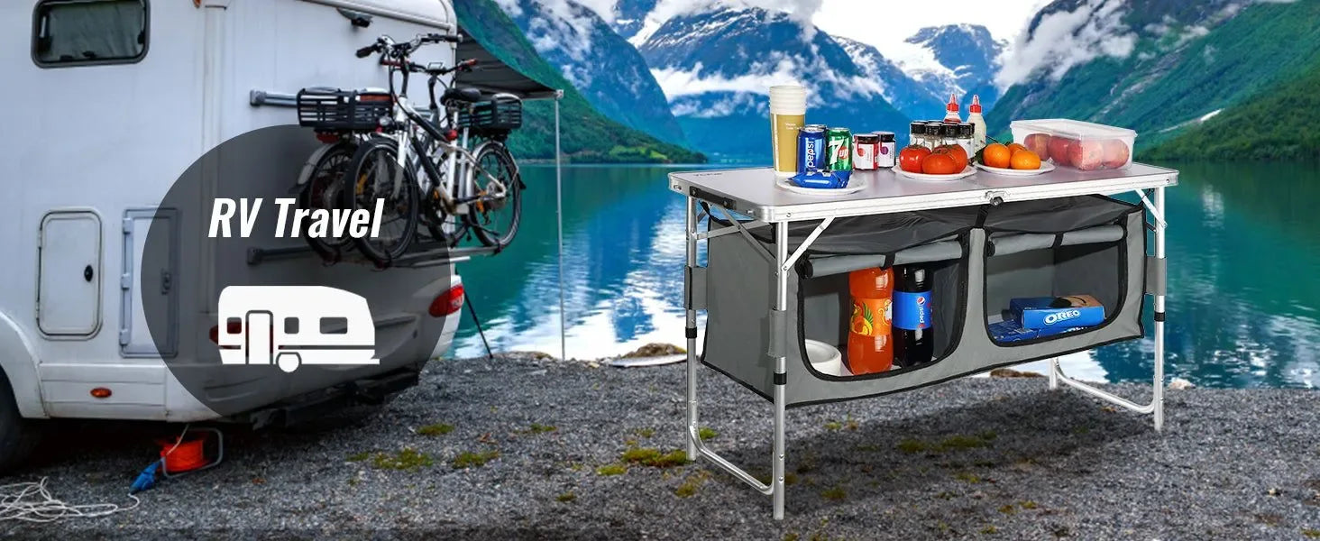 Adjustable Height Camping Kitchen Table – Portable Folding Table with Carry Bag for Outdoor Cooking - Trekker Essentials