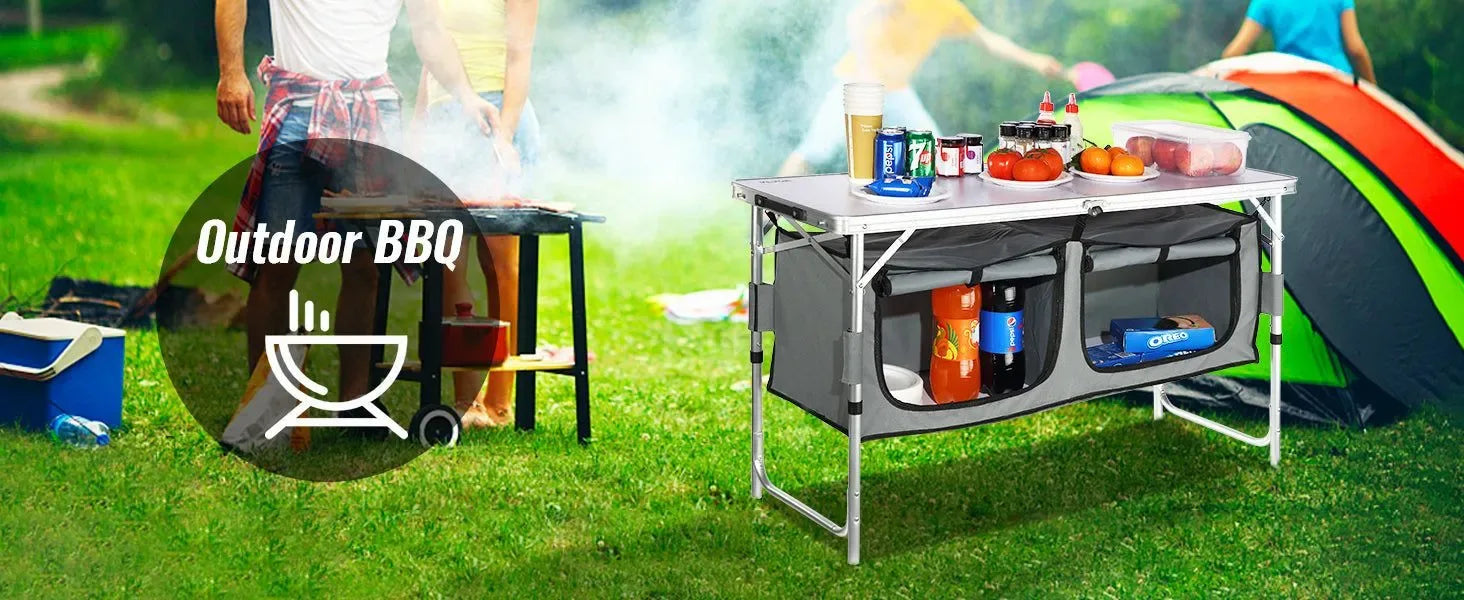 Adjustable Height Camping Kitchen Table – Portable Folding Table with Carry Bag for Outdoor Cooking - Trekker Essentials