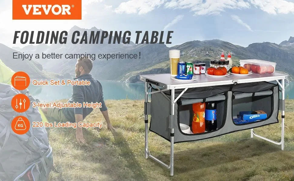 Adjustable Height Camping Kitchen Table – Portable Folding Table with Carry Bag for Outdoor Cooking - Trekker Essentials