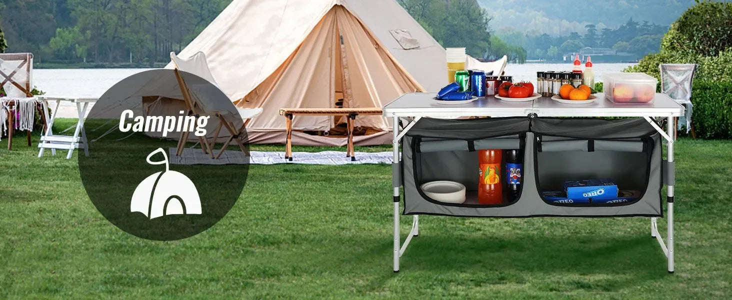 Adjustable Height Camping Kitchen Table – Portable Folding Table with Carry Bag for Outdoor Cooking - Trekker Essentials