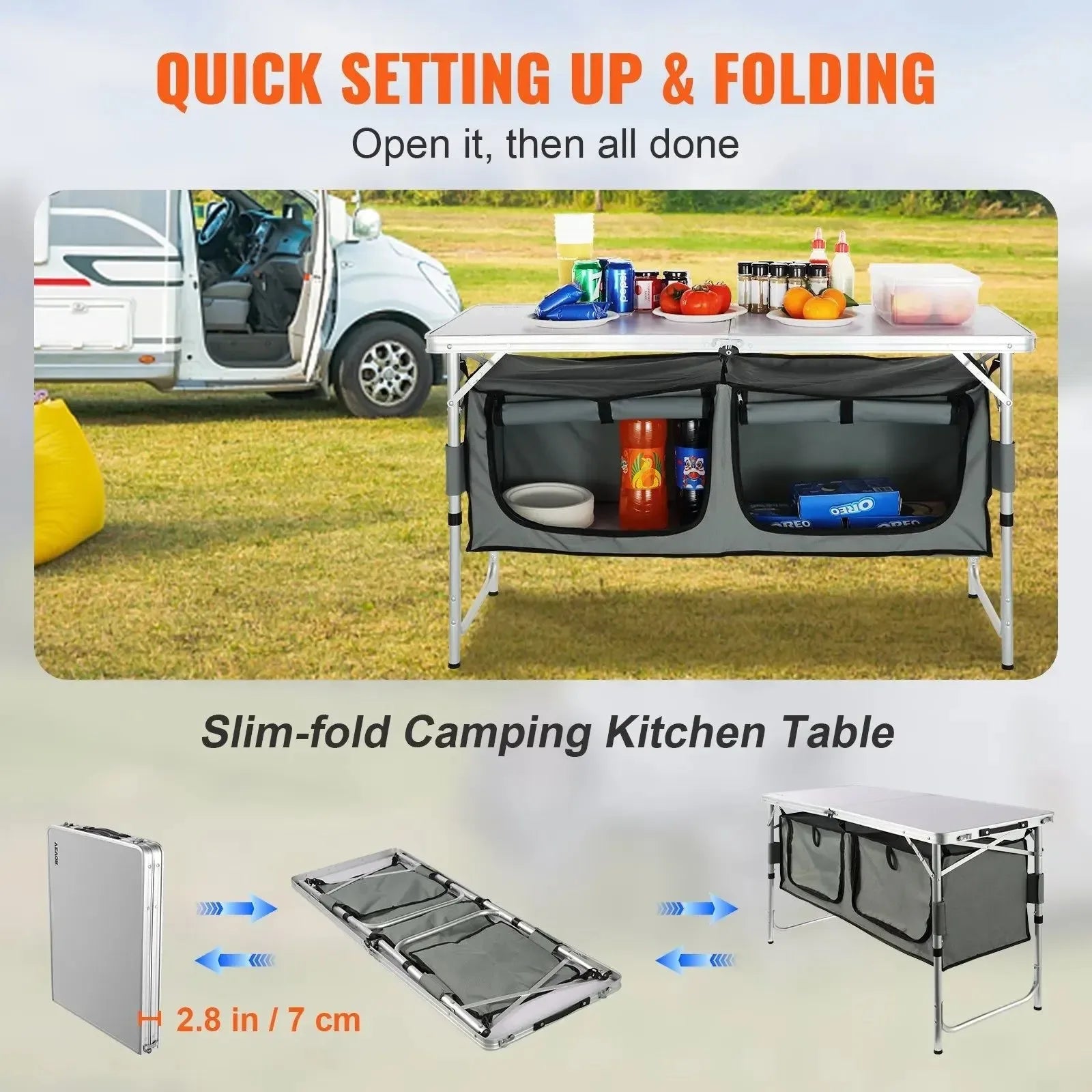 Adjustable Height Camping Kitchen Table – Portable Folding Table with Carry Bag for Outdoor Cooking - Trekker Essentials