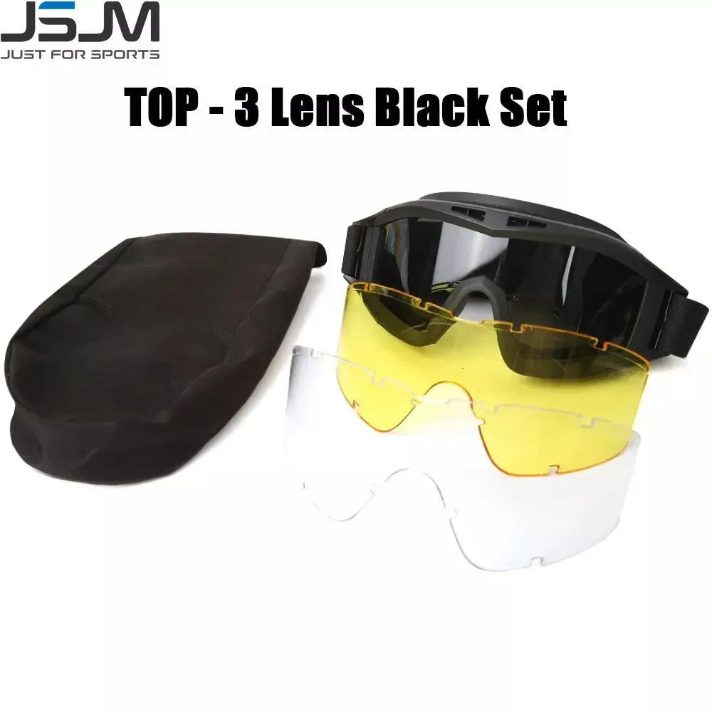 Airsoft Tactical Goggles - 3 Lens Windproof and Dustproof Glasses for Shooting, Motocross, Motorcycle, Mountaineering, and CS Games with UV Protection - Trekker Essentials