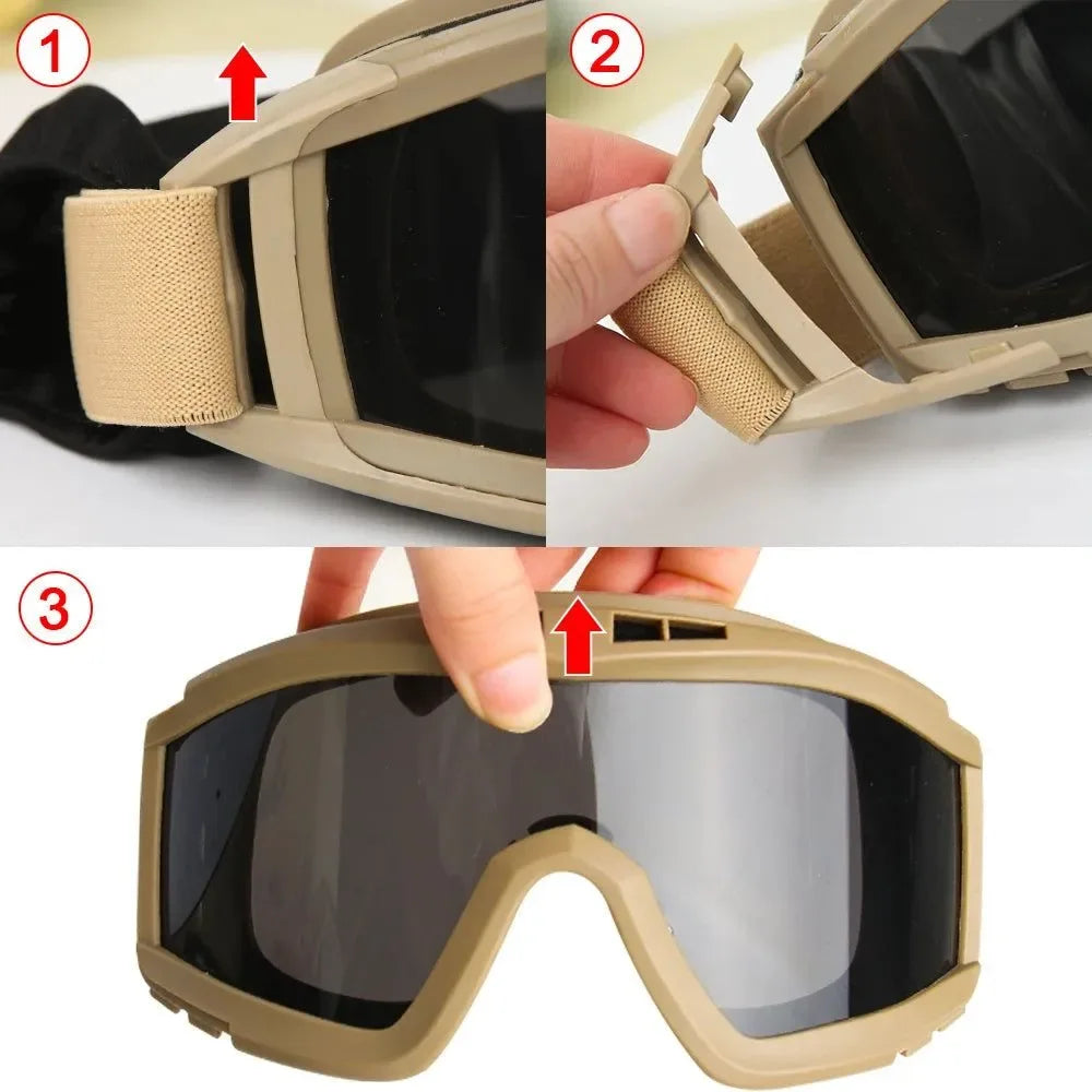 Airsoft Tactical Goggles - 3 Lens Windproof and Dustproof Glasses for Shooting, Motocross, Motorcycle, Mountaineering, and CS Games with UV Protection - Trekker Essentials