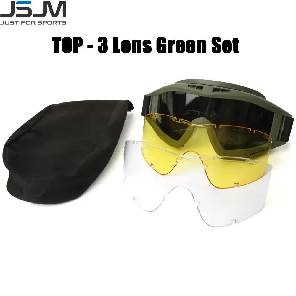 Airsoft Tactical Goggles - 3 Lens Windproof and Dustproof Glasses for Shooting, Motocross, Motorcycle, Mountaineering, and CS Games with UV Protection - Trekker Essentials