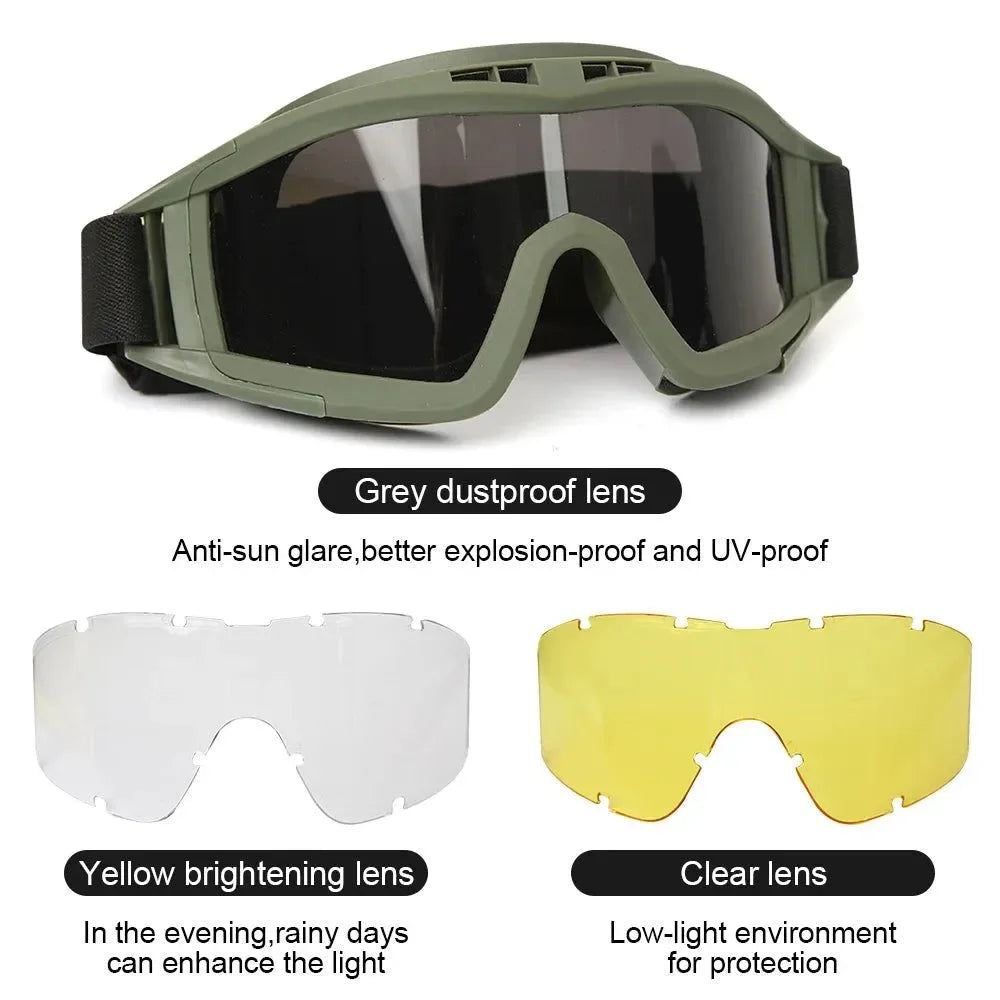 Airsoft Tactical Goggles - 3 Lens Windproof and Dustproof Glasses for Shooting, Motocross, Motorcycle, Mountaineering, and CS Games with UV Protection - Trekker Essentials