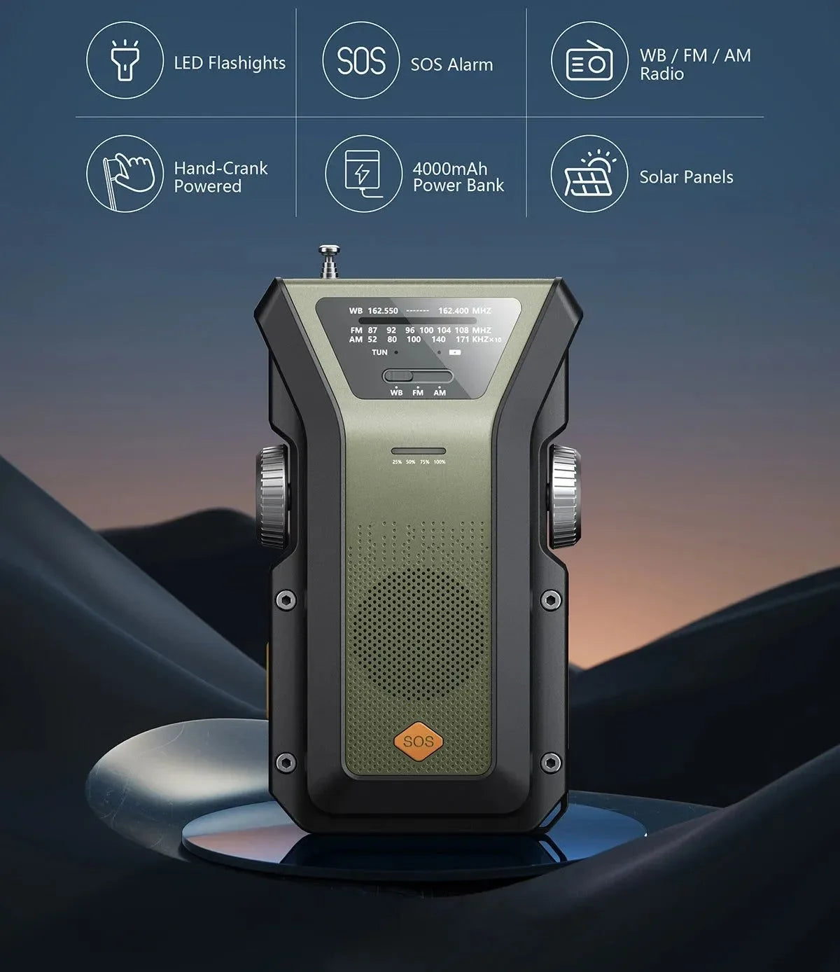 All-in-One Emergency Radio: Hand Crank, Solar Power, NOAA, SOS Alarm, Power Bank (4000mAh), Flashlight - Trekker Essentials