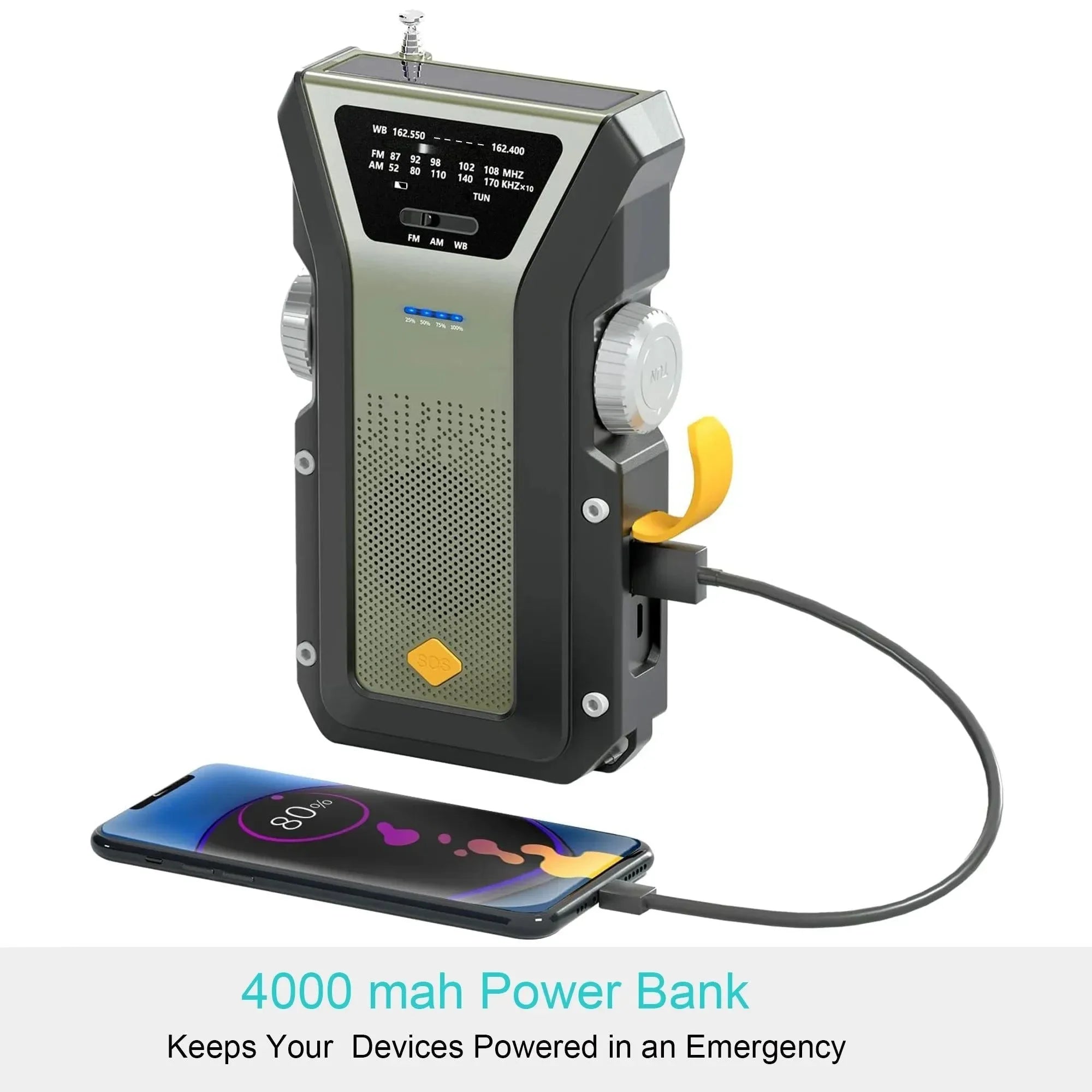 All-in-One Emergency Radio: Hand Crank, Solar Power, NOAA, SOS Alarm, Power Bank (4000mAh), Flashlight - Trekker Essentials